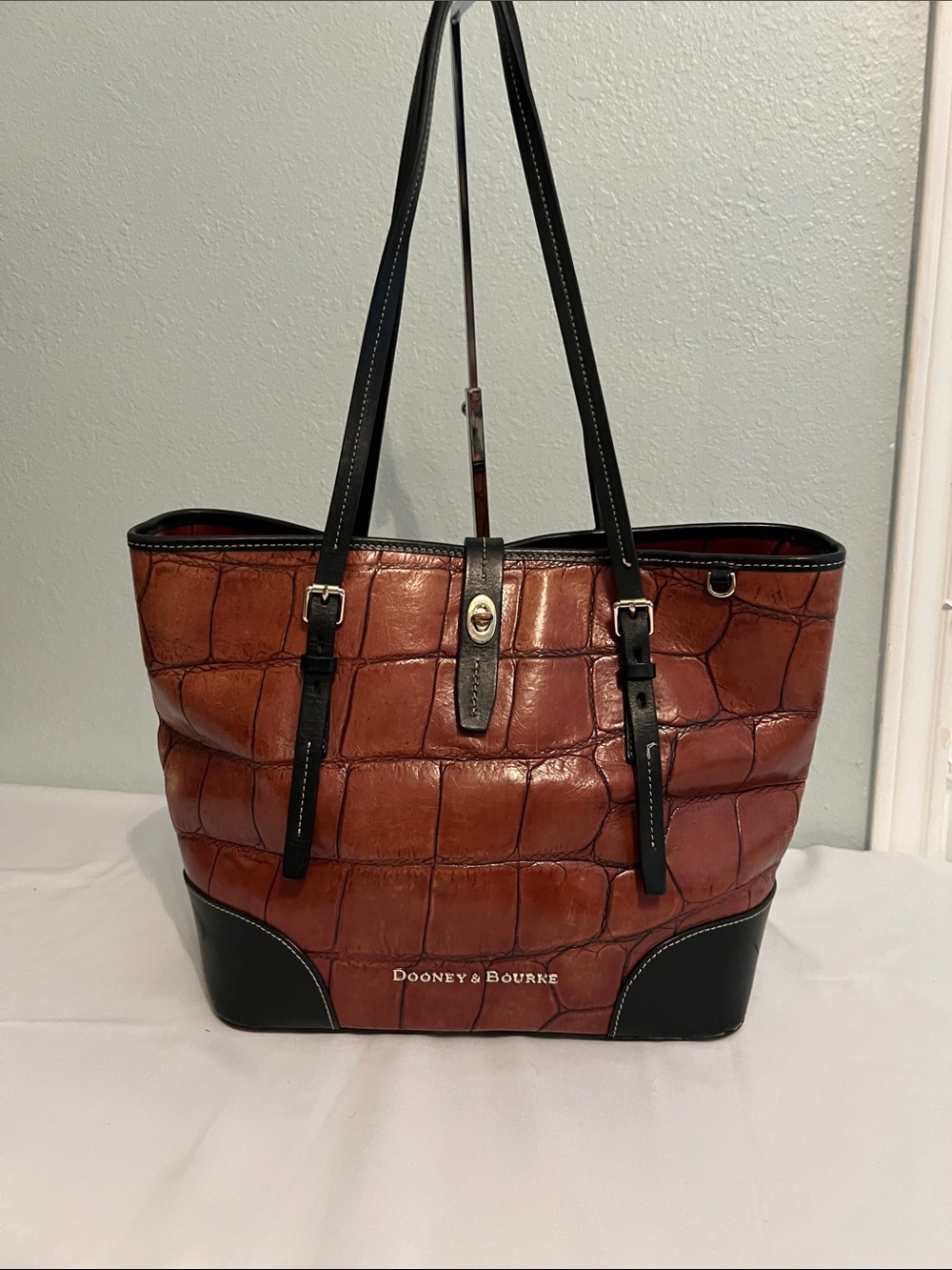 Dooney & Bourke Brown Croc-Embossed Tote with Black Trim
